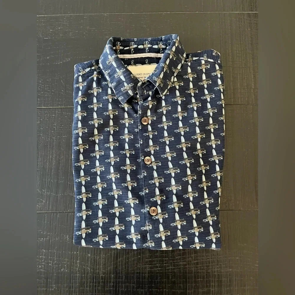 Island Republic Hawaiian Shirt Mens Large Blue Cars Silk Button Up